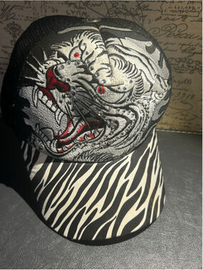 Tiger Embroidered Trucker Hat One Size Black White